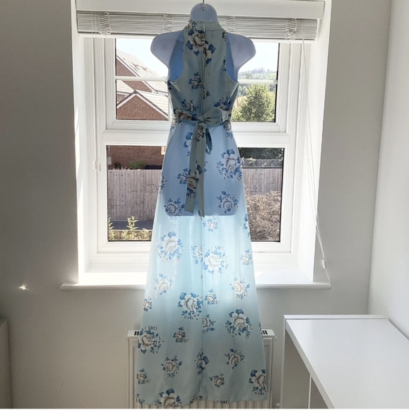 Vtg 70s Richard Shops maxi halter neck A line floral rose pale baby blue dress - Picture 2 of 8